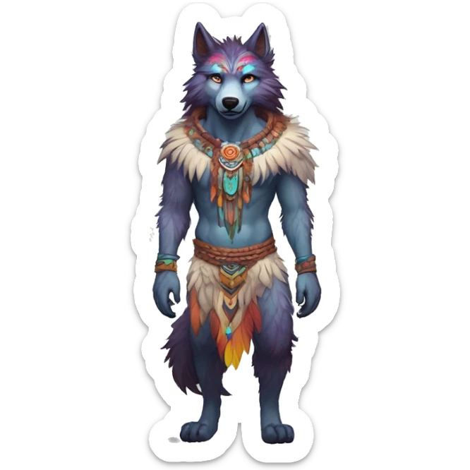 Anthro Fluffy Colorful Shy Spiritual Shamanic WereWolf-sona With Shiny Tribal Markings wearing feathers Full Body sticker