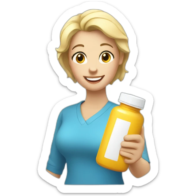 Happy blonde Mom holding pill bottle, short hair, blue shirt sticker