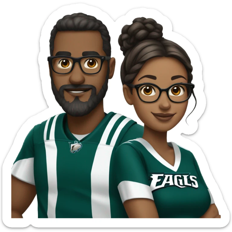 Brown skin couple in Philadelphia Eagles clothing guy has a beard and mustache girl has glasses and her hair in a bun sticker