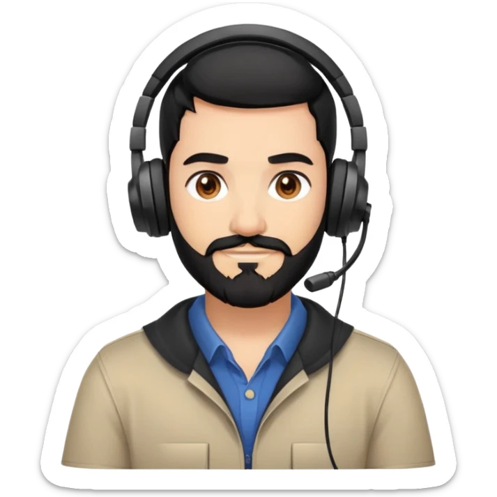 A person with black hair, brown eyes, and a black beard wearing a gaming headset with a thankful expression sticker