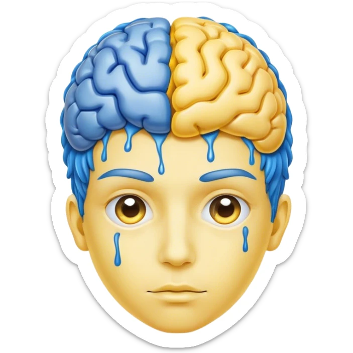 Adult person face emoji with yellow skin and a blue brain for hair sticker