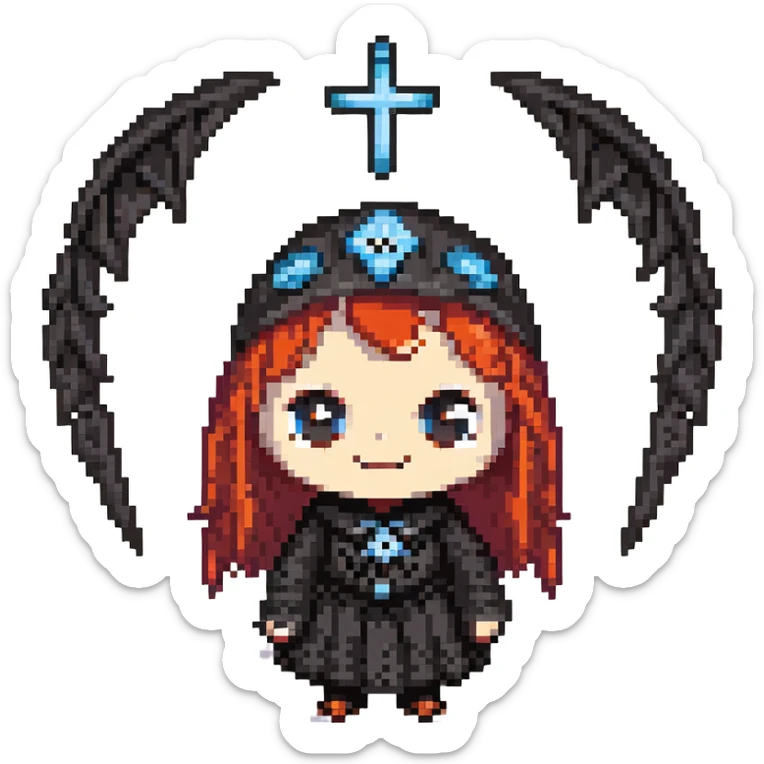 pink and black gothic phone case, big eyes, smiling, playful, cartoonish, gothic symbols sticker