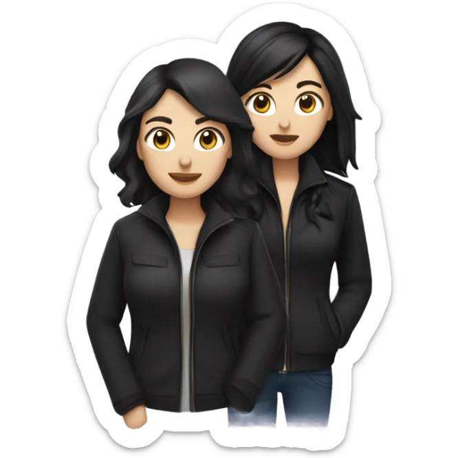 two caucassian woman with black jackets. One woman has black hair the other woman has brown hair and is slightly shorter then the woman with black hair sticker