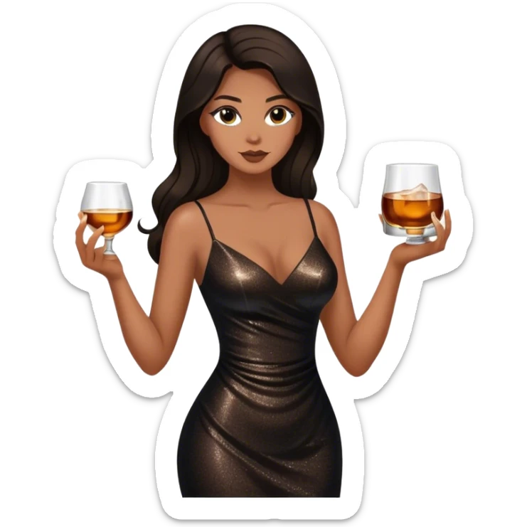 Beautiful woman in 1950’s woman fashion look, black shimmery dress, long dark brown hair, whisky with ice sticker