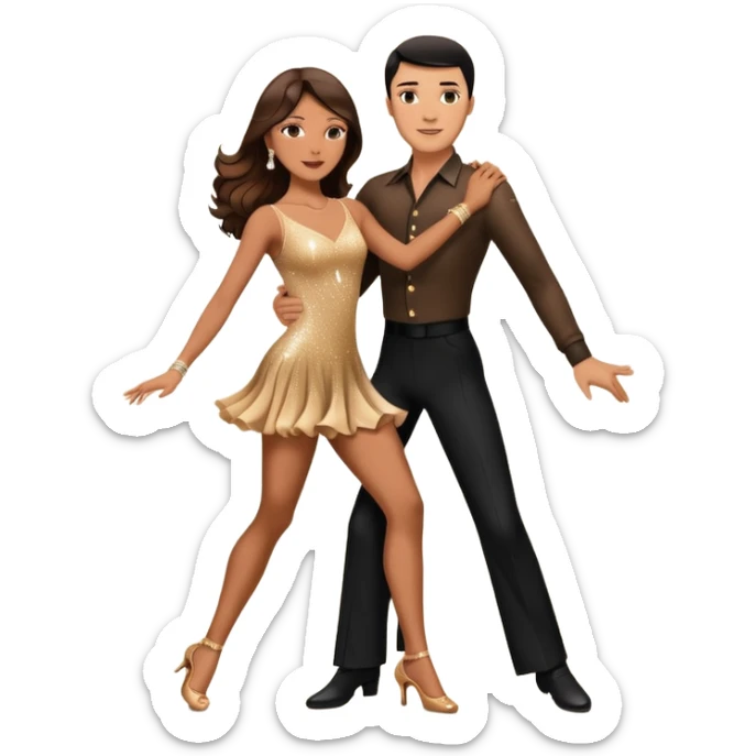 Photorealistic dancesport professional latin couple dancing the rumba at the competition dancefloor, the women is in skinny sparkly dress, the women has brown very long hair, the man has short black hair, the man hold woman's hand by his one hand and his second hand is on the women's waist  sticker