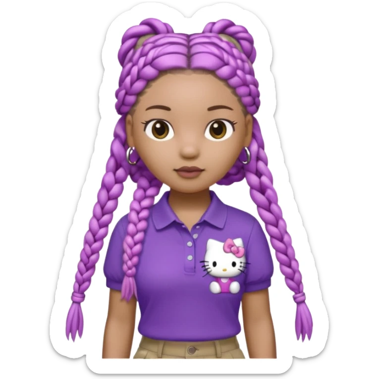 hello kitty wearing purple polo shirt and kyaki pants with long box braids sticker