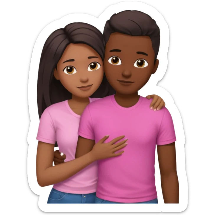 Black lesbian couple with one dark skin masculine with short hair low cut fade with a t shirt and one feminine with very long hair in a pink blouse hugging  sticker