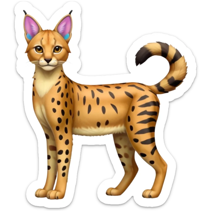 Colorful cartoon iridescent neon tropical exotic anime Striped and spotted Lynx-Caracal-Serval-hybrid full body sticker