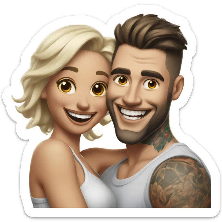 Hyper Realistic beautiful woman in the arms of a very handsome tattooed man laughing  sticker