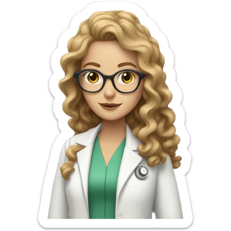 White girl with green eyes and light brown curly long hair with glasses in a dr white coat sticker