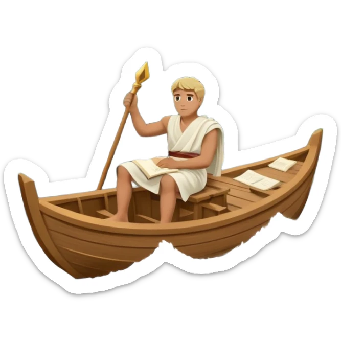 Mans op heuvel aan hetschrijven, terwijl overkant meer varen in midden van storm
In tijd van romein!
EN graag boot in romein tijd, kleine houten boot met 8 personen 
Varen meer, terwijl grote storm en golven sticker