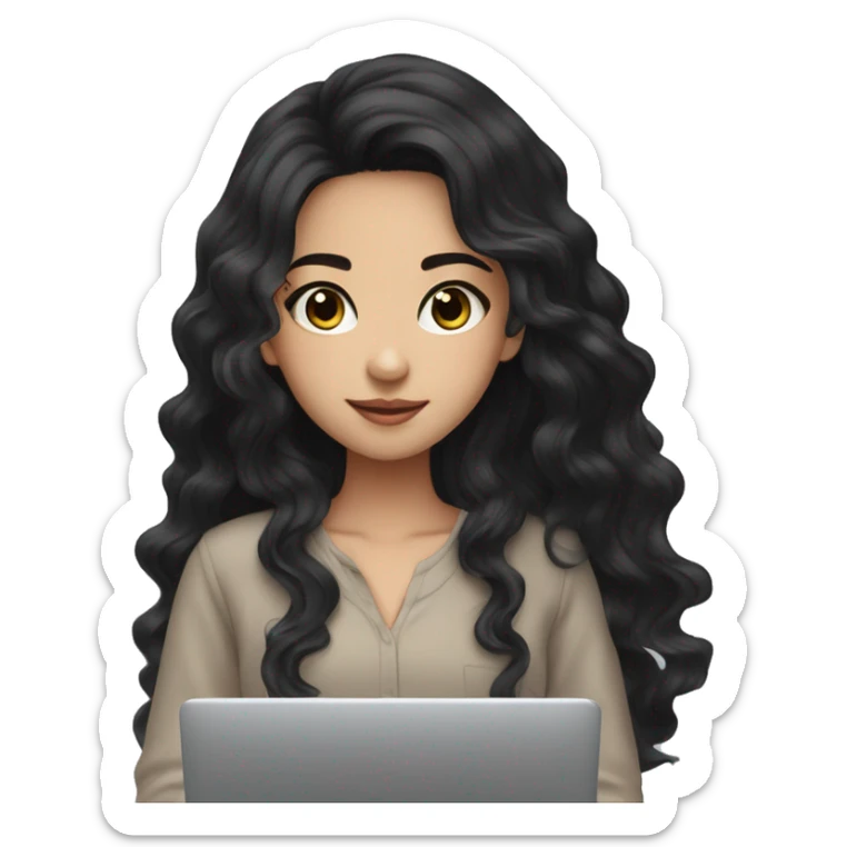 Beautiful girl,Black hair,wavy hair，long hair,Black eyes,Chinese, typing on laptop  sticker