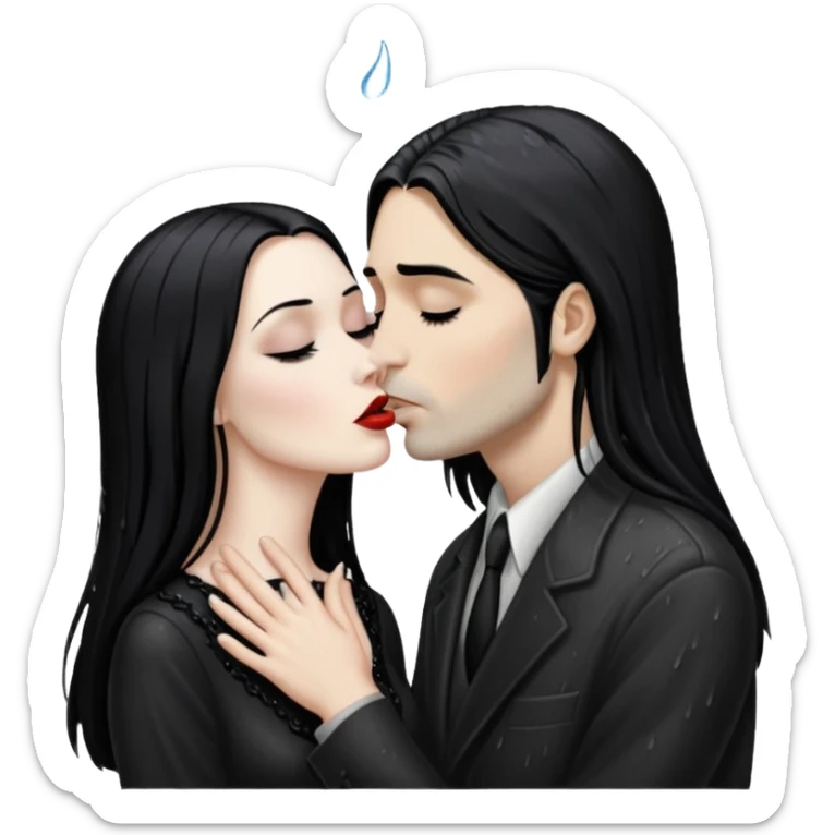 Realistic morticia addams kissing sweetly Kurt Cobain in the rain. sticker