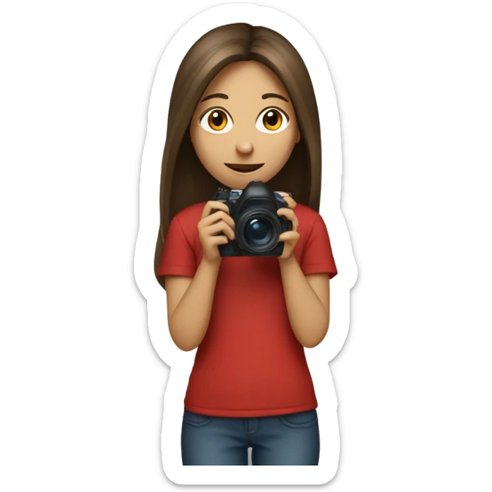 girl with brown long hair in red t-shirt holding a camera sticker