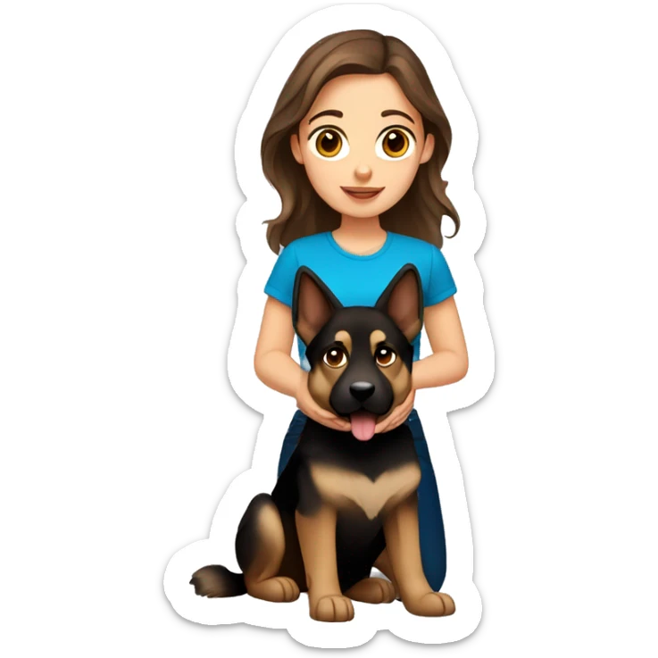 Brown hair girl with blue eyes holding German shepherd dog sticker