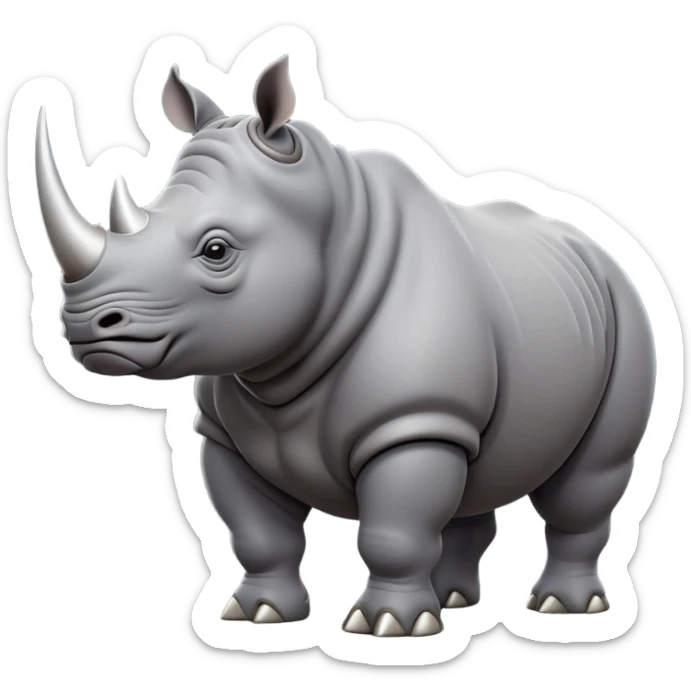 cinematic-rhino-full-body-standing-emoji,slate grey skin -massive-body-poised-powerfully,-thick-horn-curving-slightly-forward,-head-tilted-dramatically,-rough-grey-hide-covered-in-dust,-simplified-focused-features, sticker