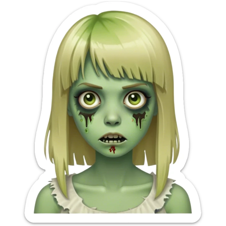 green zombie girl with dirty blonde hair and bangs sticker