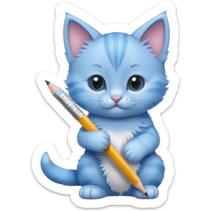 Close-up of a cute blue kitten holding a pencil in its paw, writing something. The pencil is sharpened on only one side. Minimalist design with a focus on the kitten and the pencil, minimal details sticker