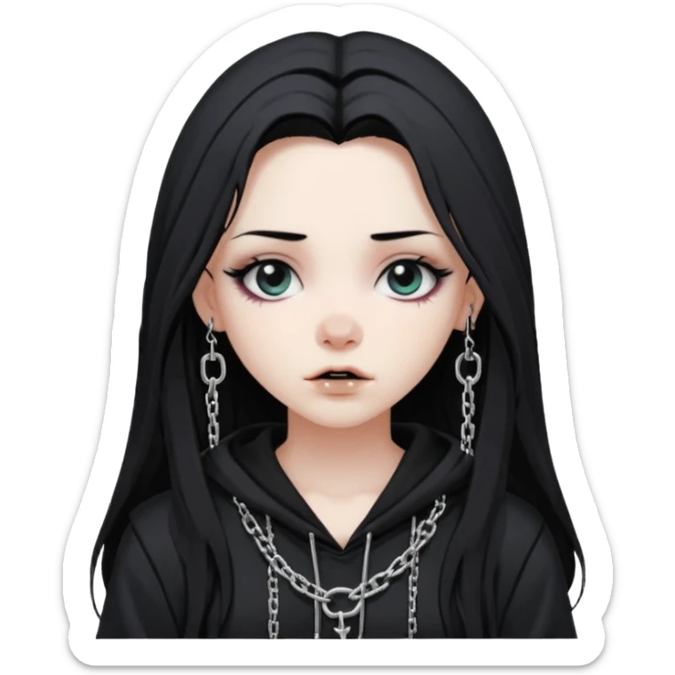 Female Goth with Beanie
 Messy long hair, white skin, oversized black hoodie, chain accessories. sticker