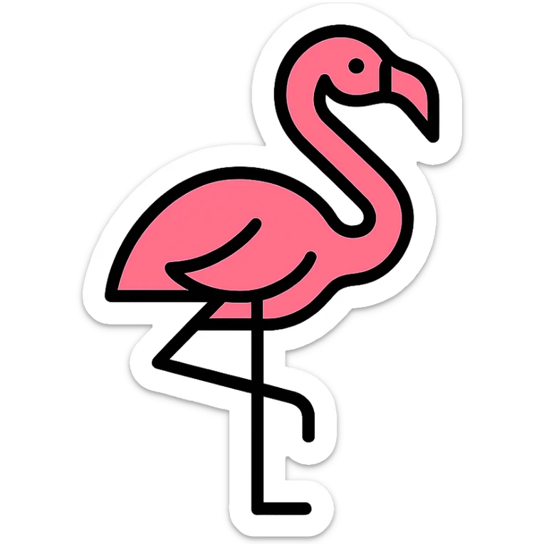 flamingo, color outline icon style, black outlines with pink color fill sticker