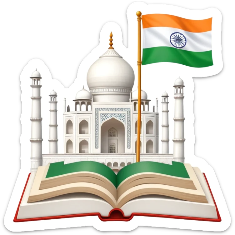 An icon featuring the Taj Mahal and the flag of India, symbolizing the Hindi language. The design includes an open book, representing language learning and cultural richness. Transparent background highlights the heritage of India. sticker