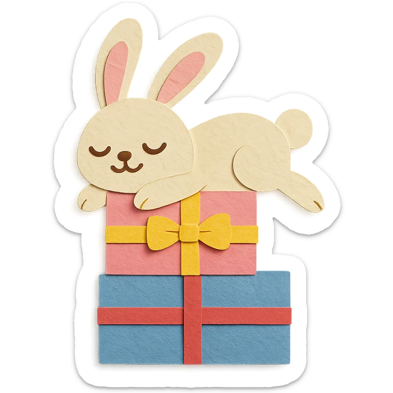 bunny lying on birthday gifts, sleepy and happy smile eyes, paper-craft style sticker