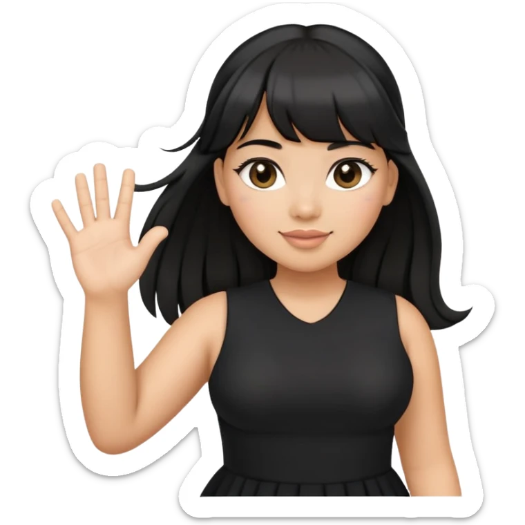 Latina girl with bangs black long hair in pony tail plus size black dress waving hand hello sticker