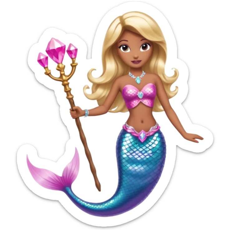 Brown skin blonde hair barbie mermaid with pink diamond tail and wand  sticker