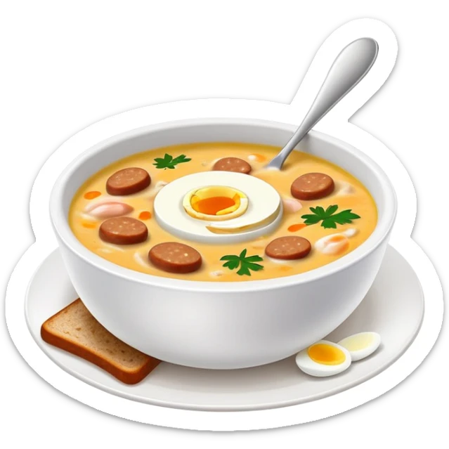 cinematic-realistic zurek-soup-dish-emoji,-depicted-as-a-tangy,-creamy-rye-soup-with-sausage-and-boiled egg-rendered-with-detailed-textures-and-warm,-comforting-lighting. sticker