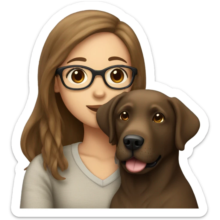 A Labrador retriever cuddles with a girl with brown hair, glasses and a nose piercing sticker