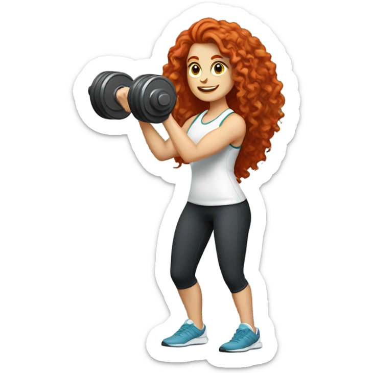 Sporty white Girl coach with long curly red hair doing leg exercice with heavy weights sticker