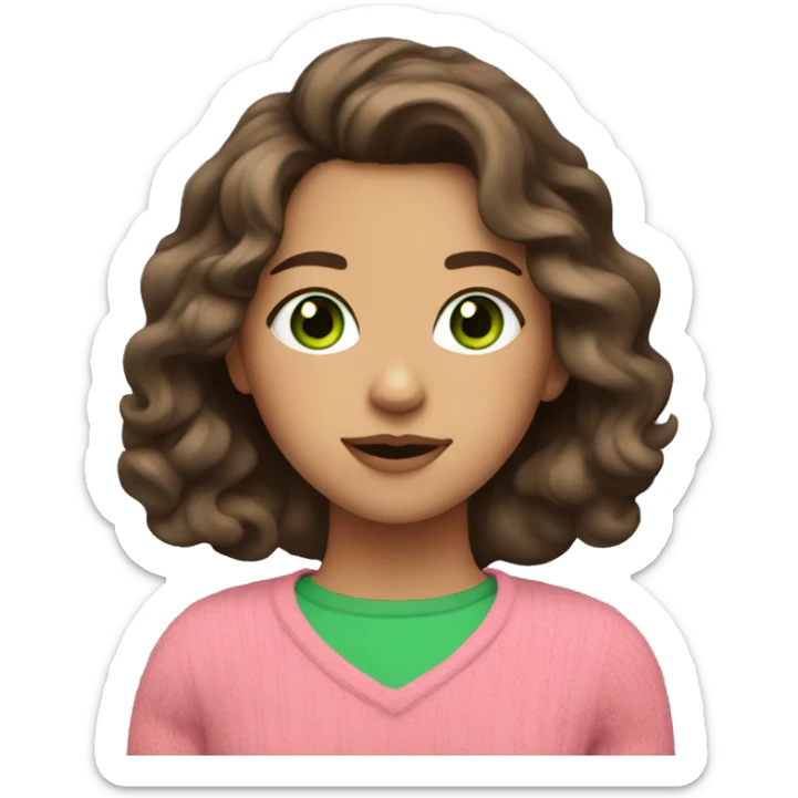 Brunette girl with wavy hair and green eyes and pink sweater sticker