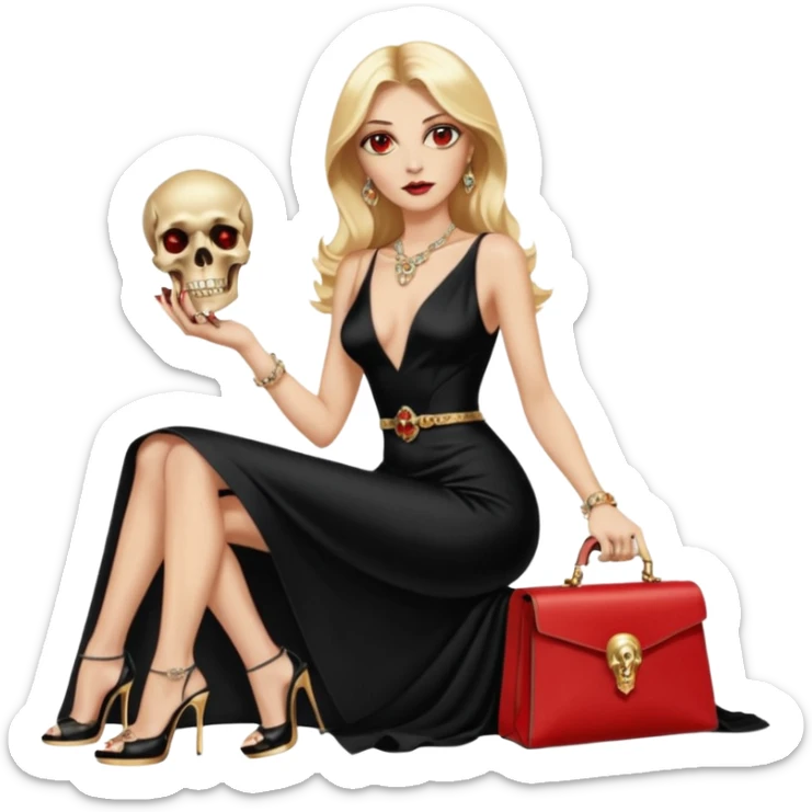 Lilith symbol red eye seductress  length blonde haired powerful woman with Gucci, and Hermes bags next to her. Wearing long dress with slit, sitting on of gold and diamonds. Black Platform high heels on feet. seat stacked with designer bags,  dead human skull of her enemies in her other hand sticker