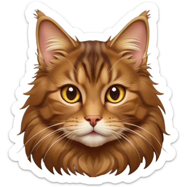 cinematic-cute brown-maine-coon-cat-portrait-emoji,-head-tilted-playfully-and-inquisitively,-sleek--brown-and-gold-tones-with-hints-of-deep-auburn-fur,-simplified-yet-adorable-features,-highly-detailed,-glowing-with-a-warm,-friendly-glow  sticker