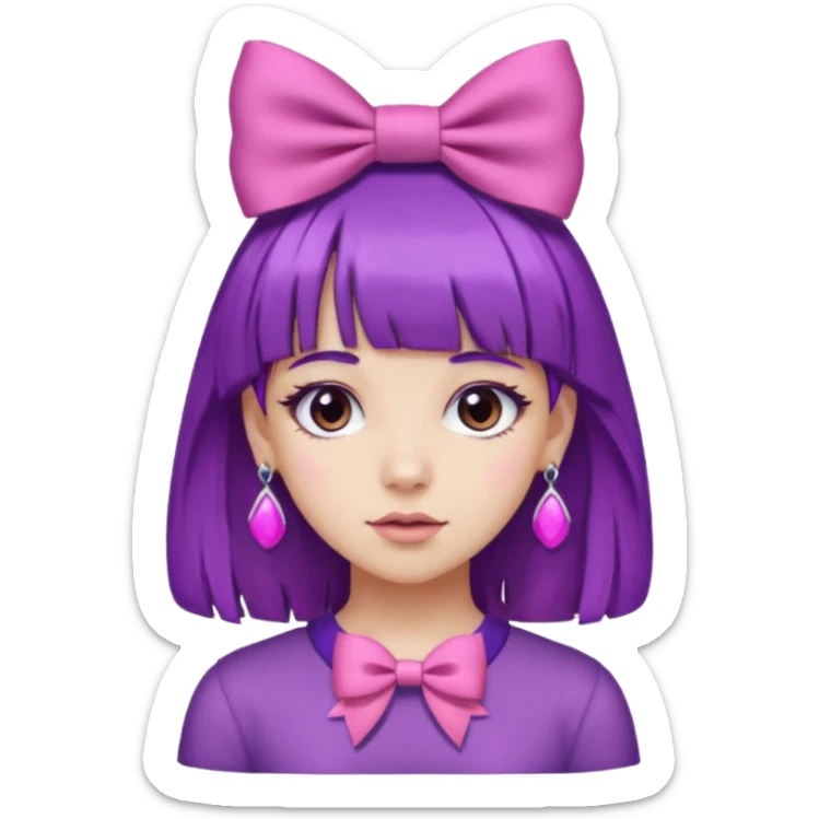 girl with bangs and purple hair and pink hairbow on the side of head and earrings sticker
