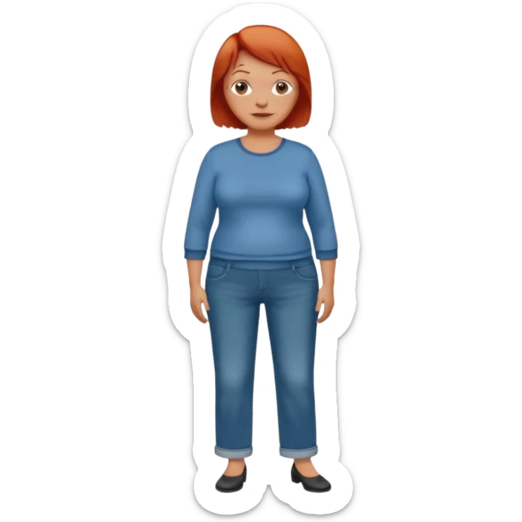 Lazy old Short woman with straight short red hair and fat tummy..wears business casual loose jeans and full sleeve  tshirt. Not smart looking ill fitting clothes sticker