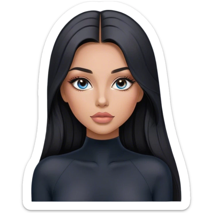Glamours, tanned, very beautiful girl, with big pump peach-beige-rose lips, long long lashes, black straight smooth silky long hair, straight parting hair, blue-grey eyes in black long-sleeves bodysuit sticker