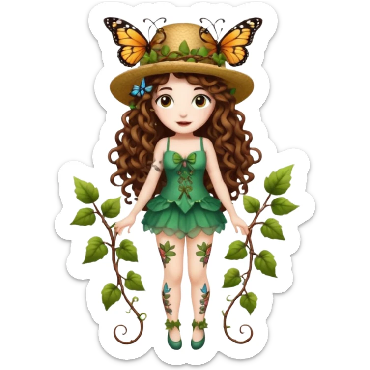 full body woman long curly brown hair brown eyes white skin tattoos wearing butterfly hat and glowing vine stockings sticker