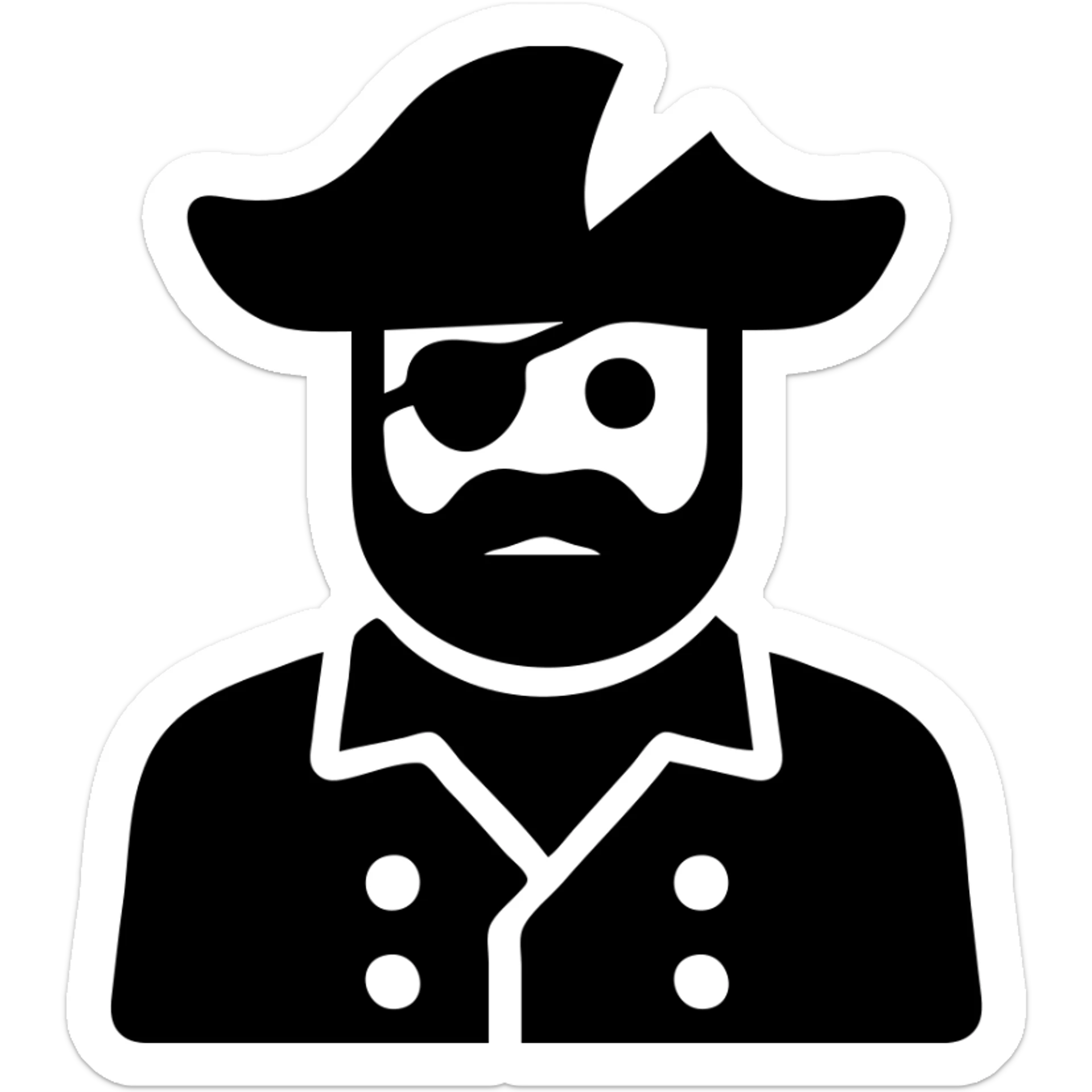 a pirate in a golden uniform and a hat with a golden feather, simple icon style sticker