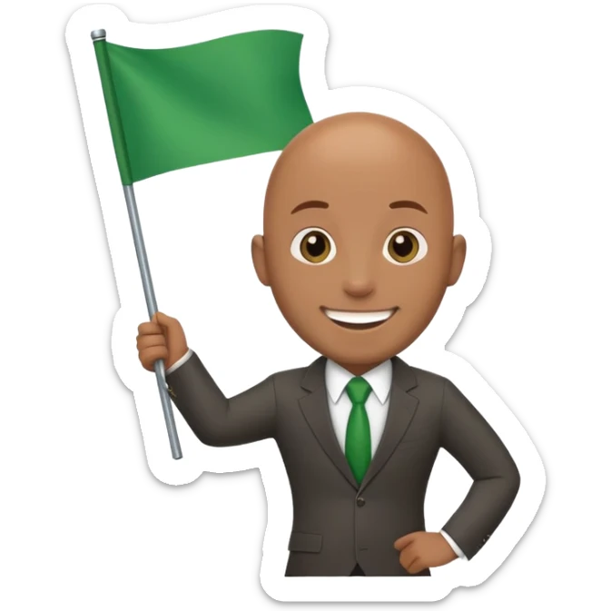 Create a emoji of a man in a suit brown skin with bald holding a blank green flag smiling sticker