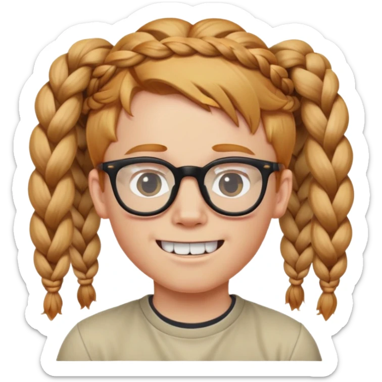 Young White boy wearing glasses, has strawberry blonde hair, has two sets of braids sticking up, has buck teeth sticker