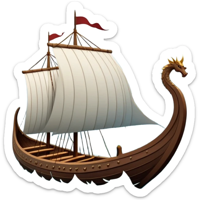 clash-of-clans-aesthetic_-cinematic-viking-longboat, rendered in a flat, bold vector style with minimal shading, featuring a striking dragon-headed prow slicing through icy, churning waters. The longboat’s intricately detailed shields and carved motifs evoke a sense of epic adventure and Nordic might, with billowing sails catching a dramatic, stormy sky backdrop. sticker