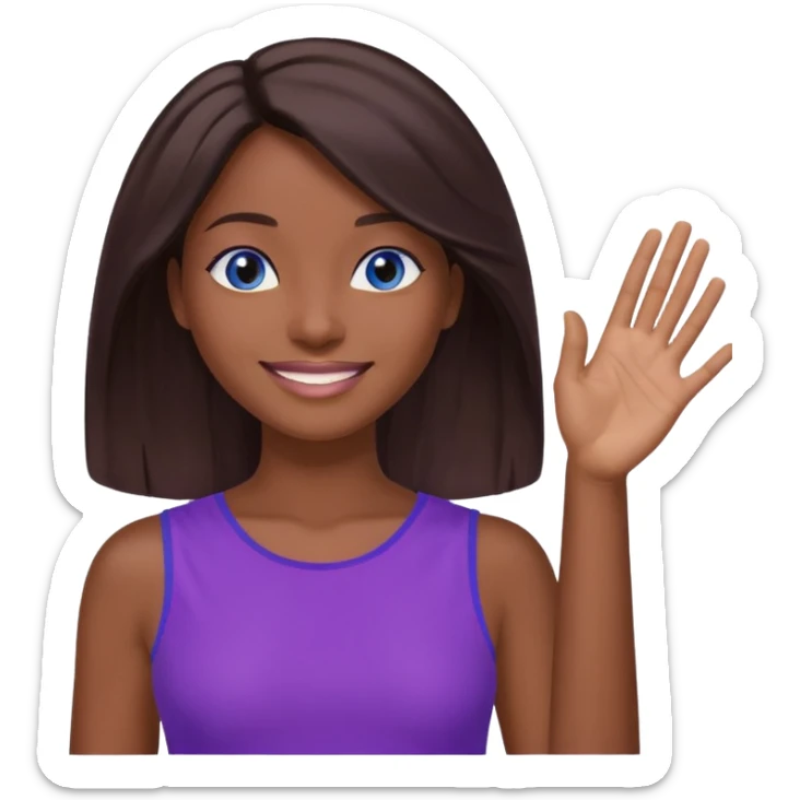Dark brown hai woman with shoulder-length hair, blue eyes, wearing a purple top, smiling with one hand raised to the side, palm facing up. The gesture looks like she’s presenting something, offering help, or saying “Here you go!”

 sticker