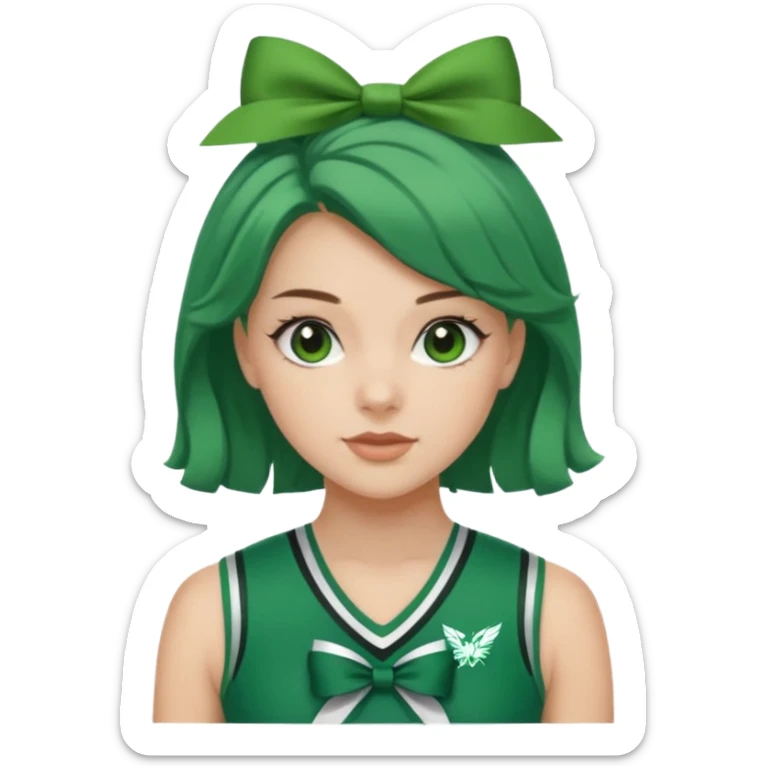 Sydney Taylor with green Hawkins Cheerleader no sleeve uniform, green bow on her hair sticker