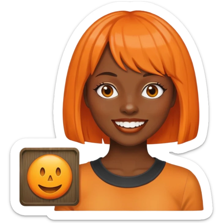 dark skinned Black woman with orange bob wig like Chucky's hair, visible plaque on her teeth sticker
