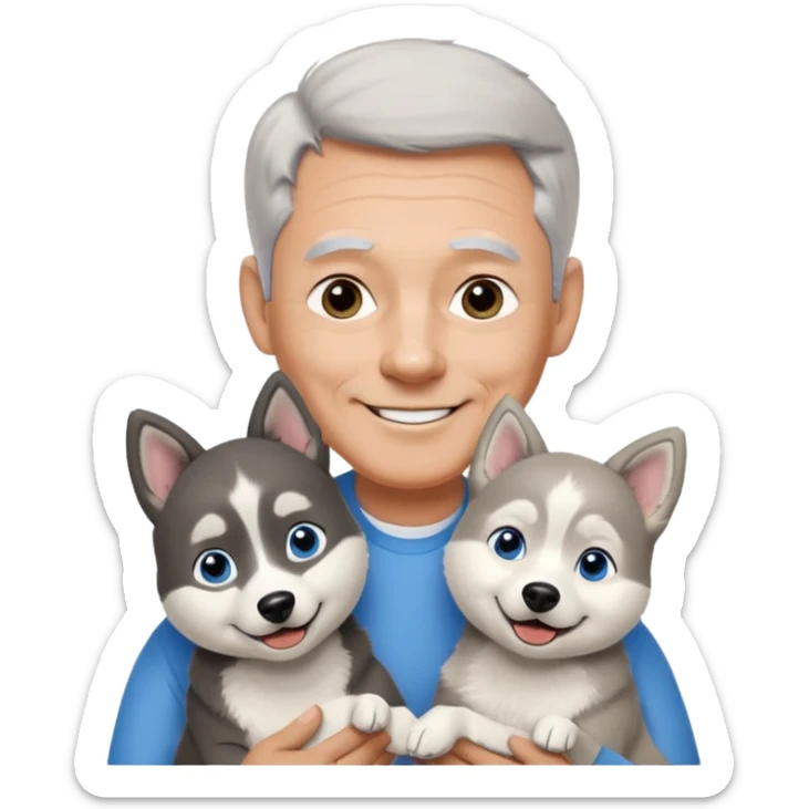 A 60 year old man with blue eyes and short light gray hair and no mustache and slightly big ears, holding a single black and white husky dog with floppy ears and white tuft eyebrows, both smiling sticker