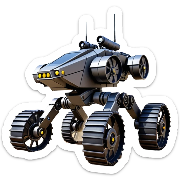 unstoppable jumping accurate 8-wheel armored canine sporty self-balancing massive mech trail vehicle shooting forward side-hill leaning actively robotically articulating hydraulic independent suspended pod gimbal enemy mech off-road racing rover with large fast engine RC basher crawler megatron  sticker