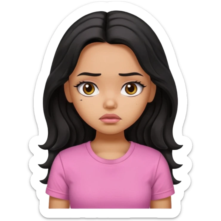 a pretty bratz girl with long wavy black hair, wearing a pink tshirt. looking sad sticker