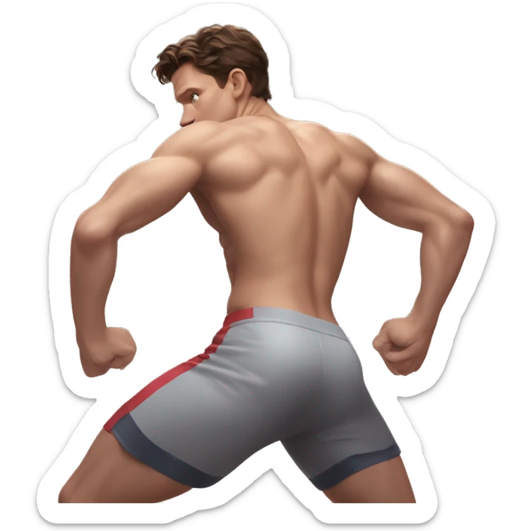 Tom Holland in a jock, backwards view, stretching glutes sticker