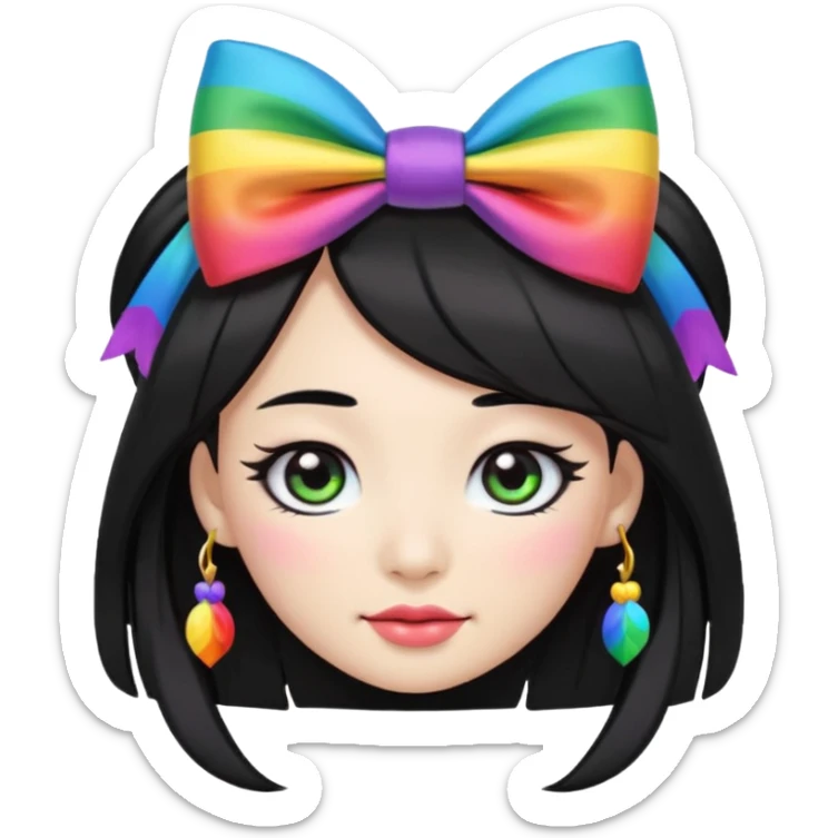 asian emoji face with long hair with very thick black eyeliner and rainbow bow on head sticker